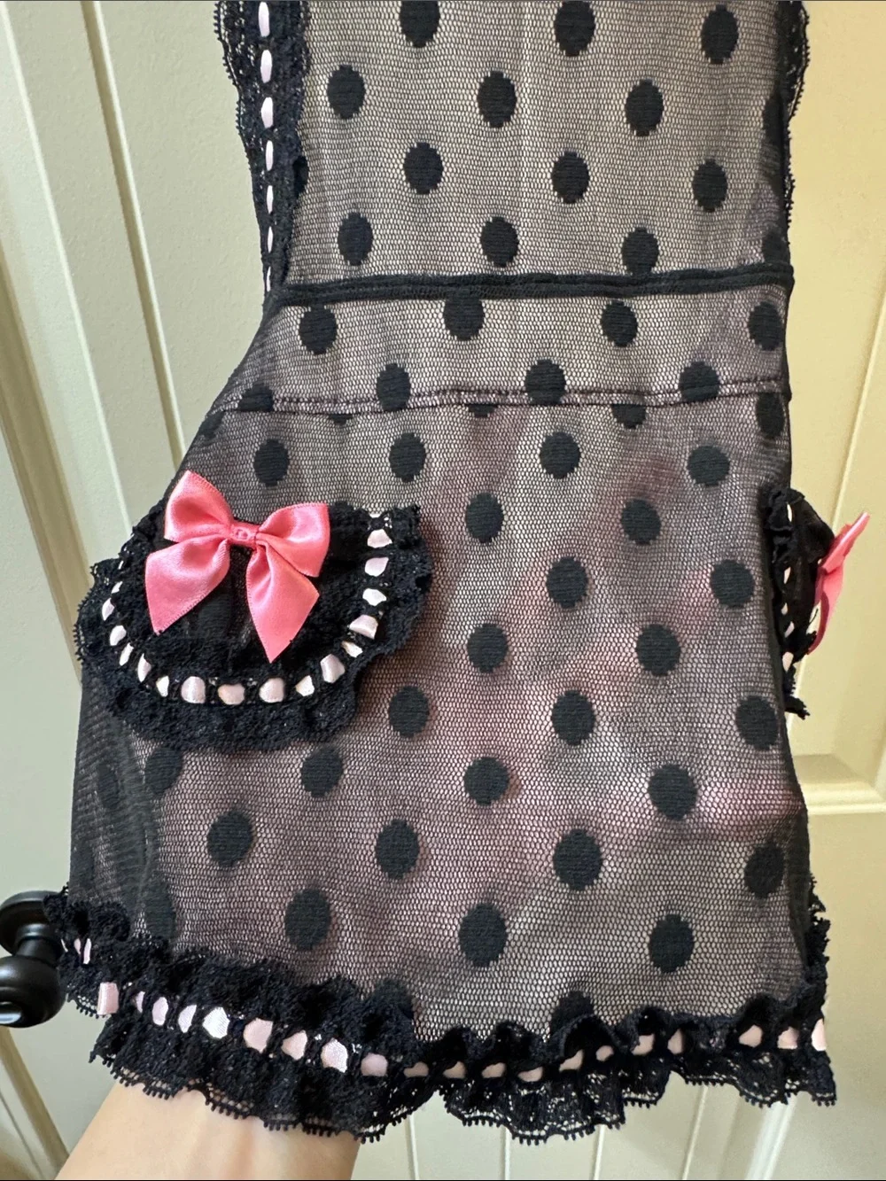 Victoria’s Secret Black Polka Dot Mesh Chemise with Pink Satin Bows 34B